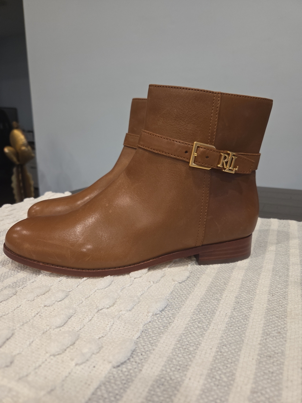 Ralph Lauren Brown Leather Ankle Boots - RL Buckle Detail, Size 8.5